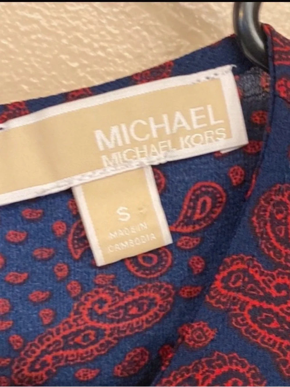 Michael Kors Navy Top with Red Paisley Print and Puff Sleeves